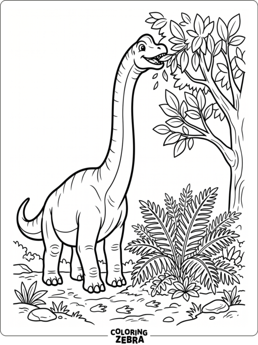A brachiosaurus eating leaves near a fern patch