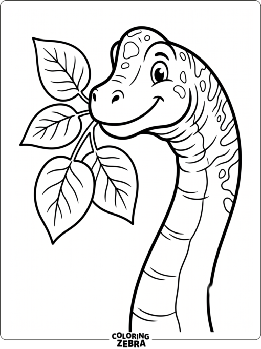 A brachiosaurus head and neck close-up with leaves nearby