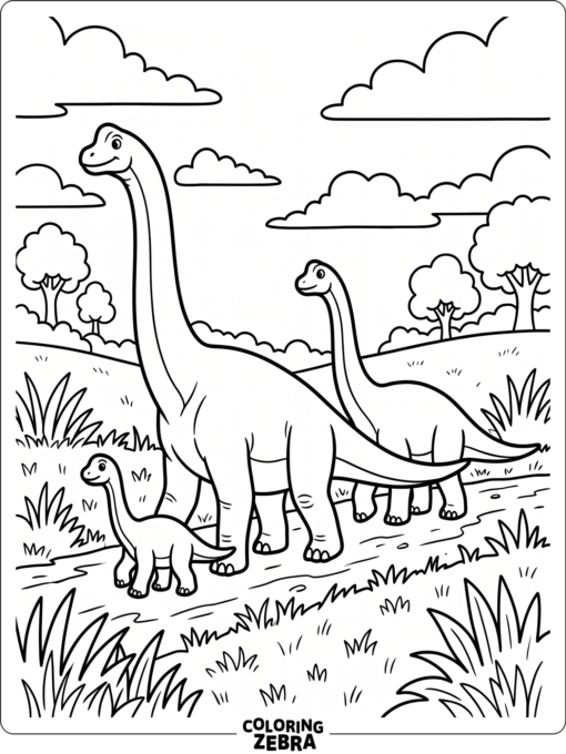 A brachiosaurus family walks together across a grassy field