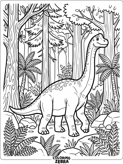 A brachiosaurus walks through a forest with trunks and ferns
