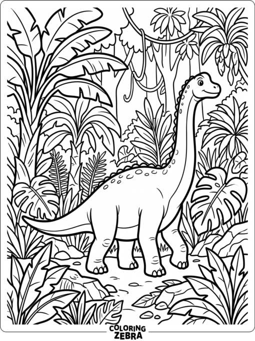 A brachiosaurus walks among jungle plants and broad leaves