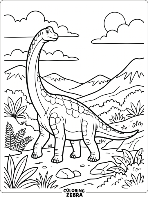 A brachiosaurus stands in a prehistoric valley with hills