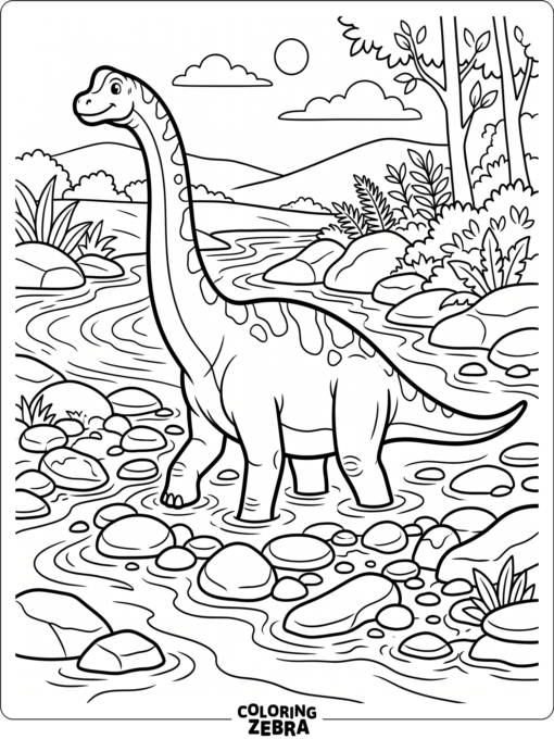 A brachiosaurus wades through a shallow river with stones