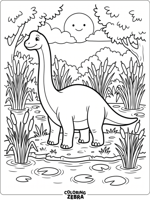 A brachiosaurus stands in a swamp with reeds and water