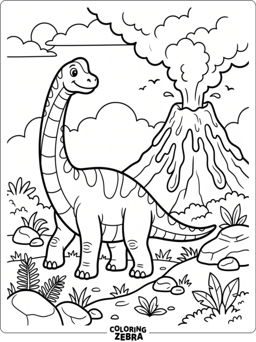 A brachiosaurus stands near a volcano with smoke and lava rocks