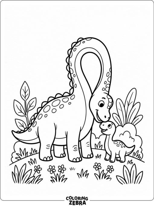 A brachiosaurus stands close to a baby dinosaur in grass