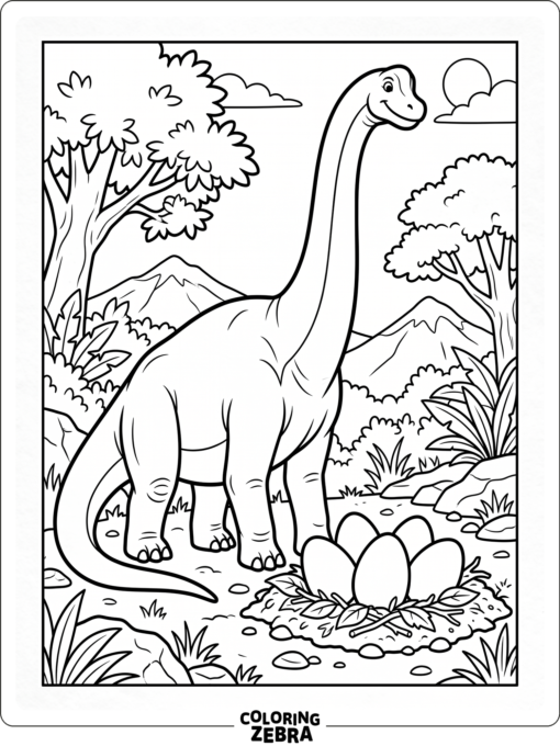 A brachiosaurus stands beside a nest of large eggs