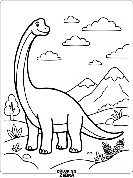 A brachiosaurus stands near mountains with clouds overhead