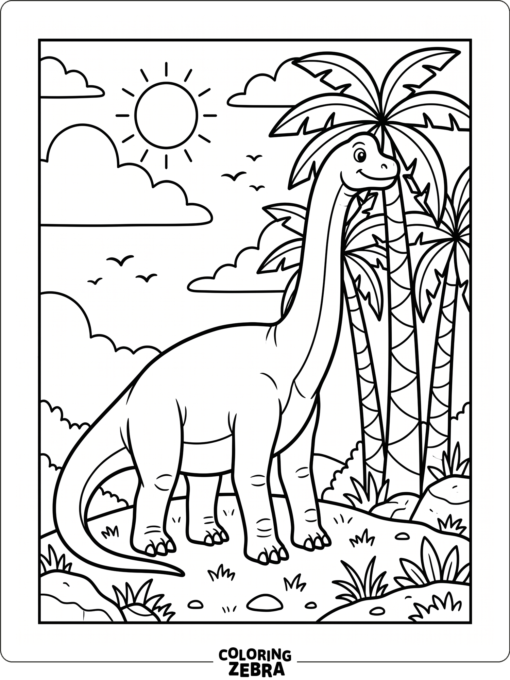 A brachiosaurus stands beside tall palm trees under a bright sky