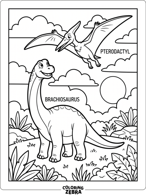 A brachiosaurus looks up as a pterodactyl flies overhead