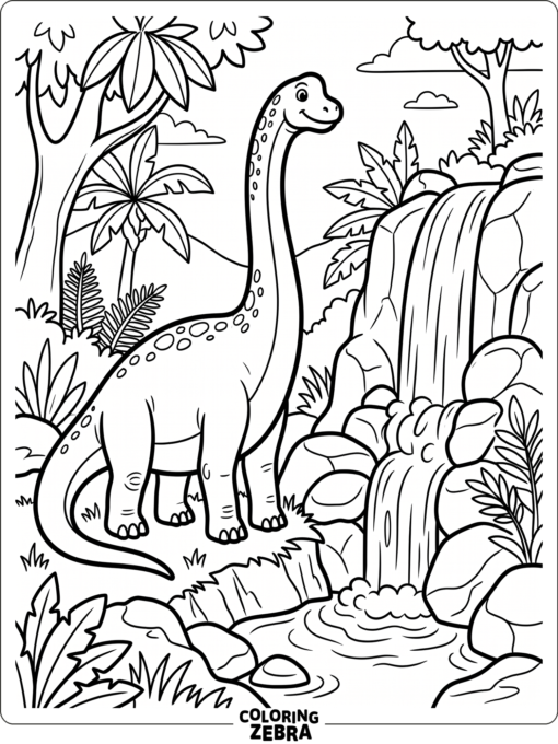A brachiosaurus stands near a waterfall and smooth rocks