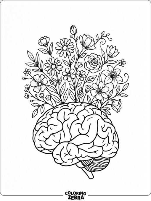A brain with flowers growing from the top