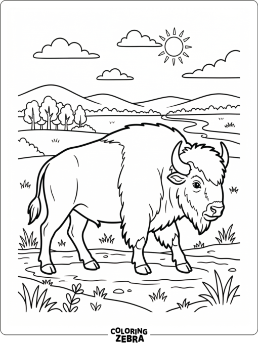 A broad buffalo walking across a plain with low hills