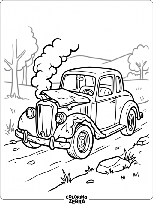 A broken car with a bent fender and smoke
