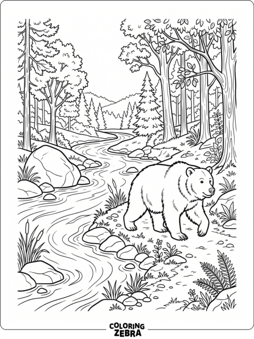 Brother Bear walks near a river with trees and rocks