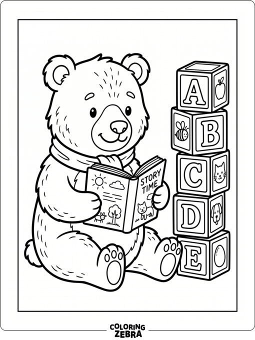 A bear reading a book next to blocks