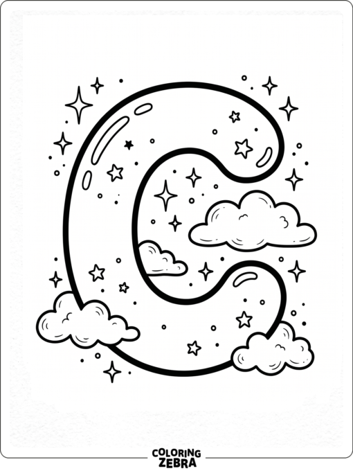 Una letra C en forma de burbuja con nubes y destellos