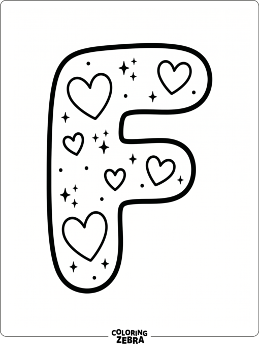 A bubble letter F with hearts and sparkles