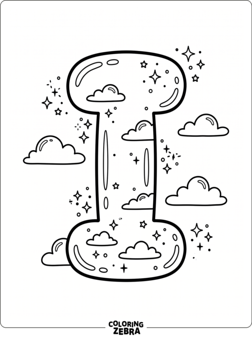 Una letra «I» en estilo burbuja con nubes y destellos