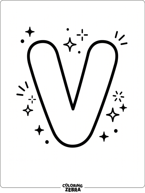 A bubble letter V with rounded edges and sparkles