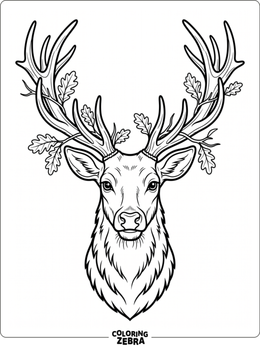 A buck head with wide antlers and leaves