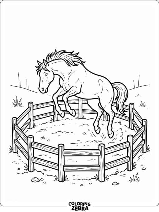 A bucking horse in an open corral