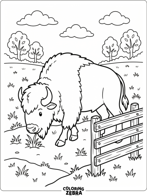 A buffalo grazing beside a fence with a few tufts of grass