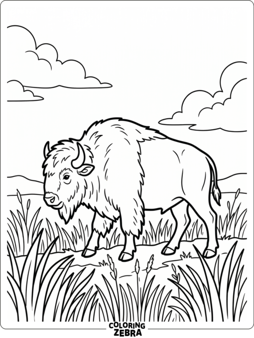 A buffalo walking through tall grass under a wide open sky
