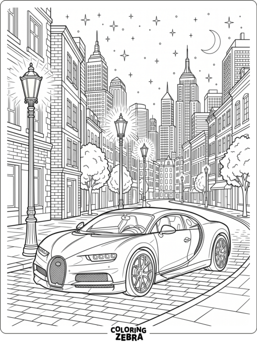 Bugatti parked under city streetlights at night