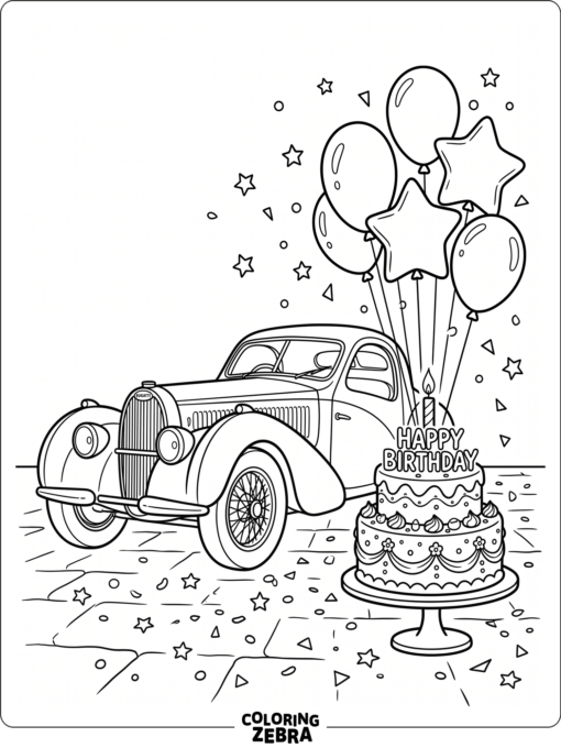 Bugatti with birthday balloons and a cake
