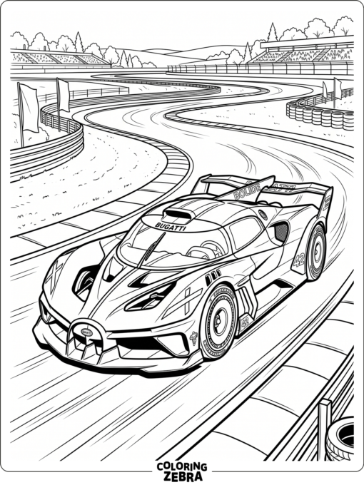 A Bugatti Bolide race car with wide tires