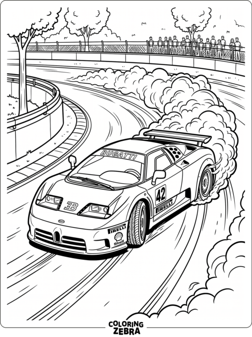 A Bugatti drifting through a turn with tire smoke