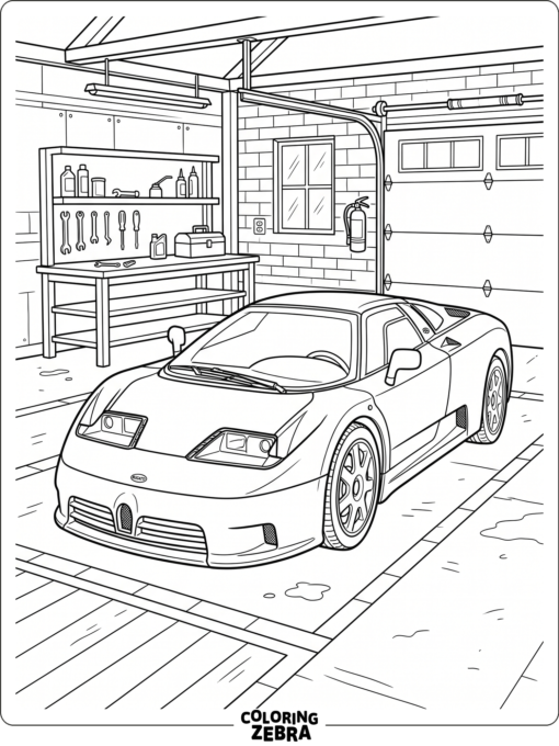 A classic Bugatti EB110 in a clean garage scene