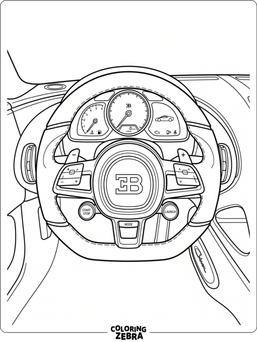 A Bugatti steering wheel with dashboard controls