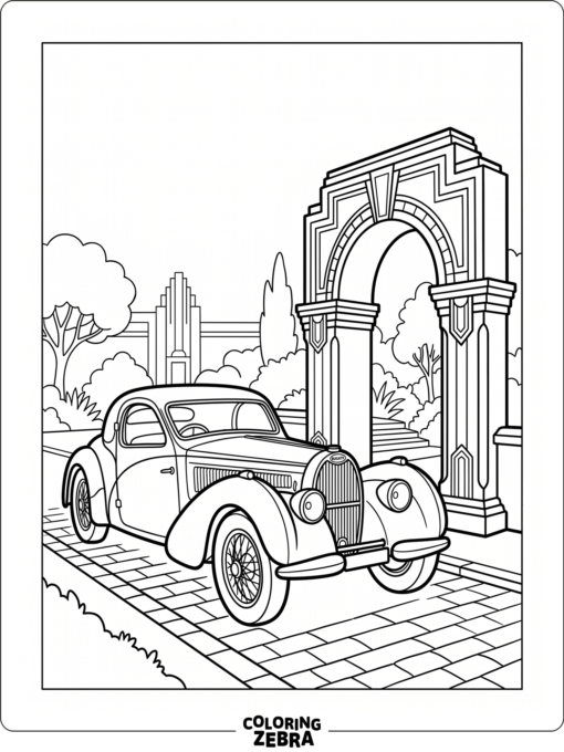 A vintage Bugatti Type 57 beside an Art Deco arch