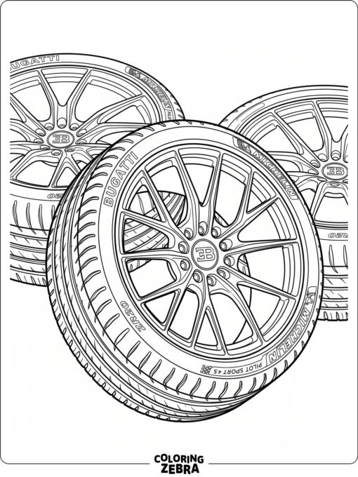 A close-up of Bugatti wheels with detailed rims