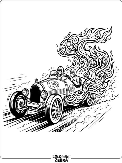Bugatti racing ahead with flames behind it