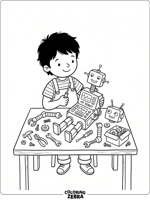 Child building a robot with loose parts and bolts