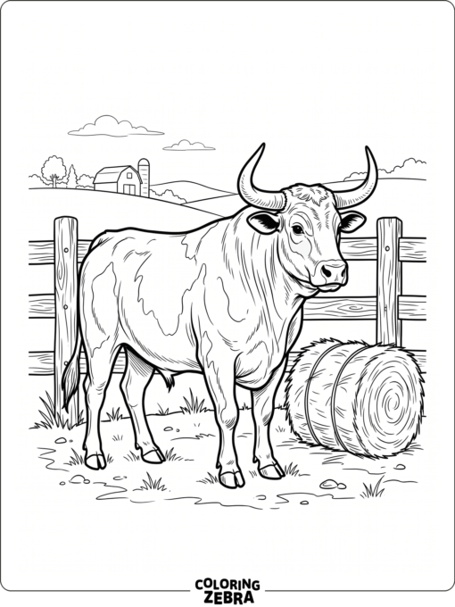 A bull with curved horns near a fence and hay bale
