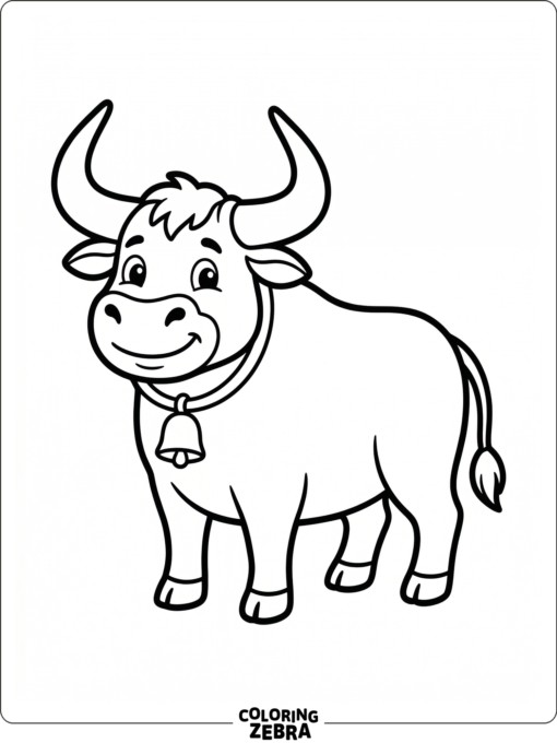 A friendly bull with big horns and simple shapes
