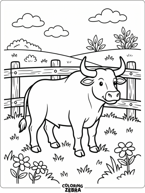 A bull standing in a pasture near a fence