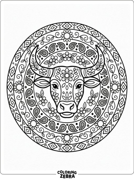 A bull face framed by floral mandala circles