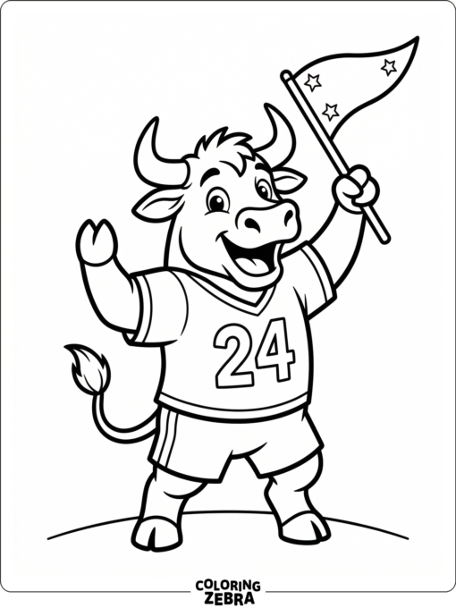 A bull mascot in a jersey holding a pennant