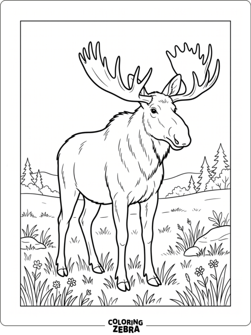 A bull moose standing in tall meadow grass