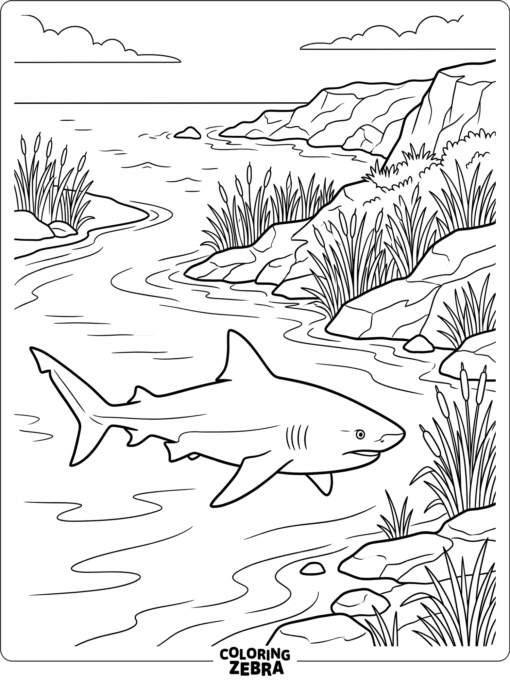 A bull shark swimming near reeds and rocks