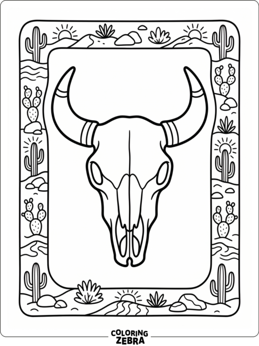 A bull skull with curved horns and a plain desert border