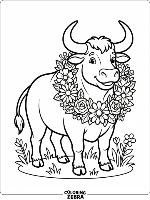 A bull wearing a wreath of flowers