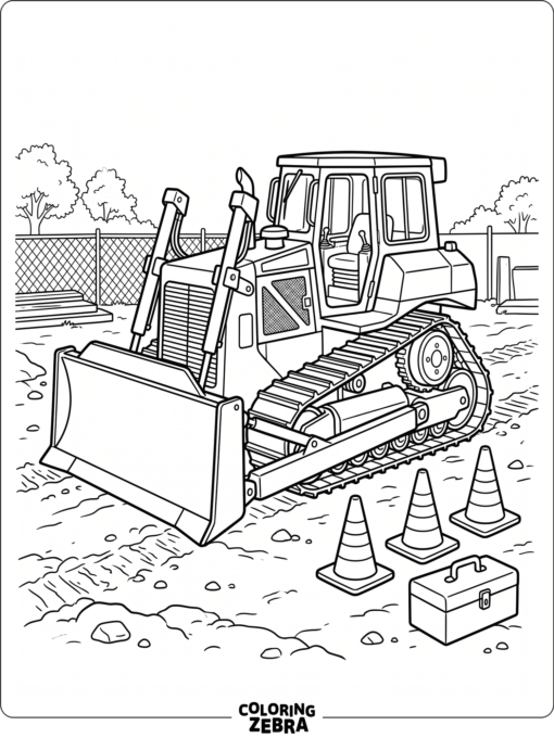 Bulldozer near cones and a toolbox