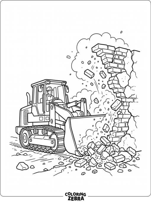 Bulldozer knocking down a damaged wall