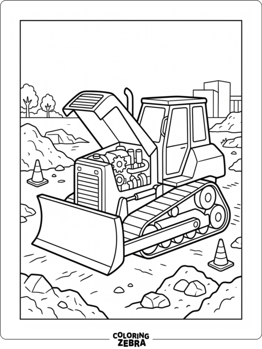 Bulldozer with an open engine hood